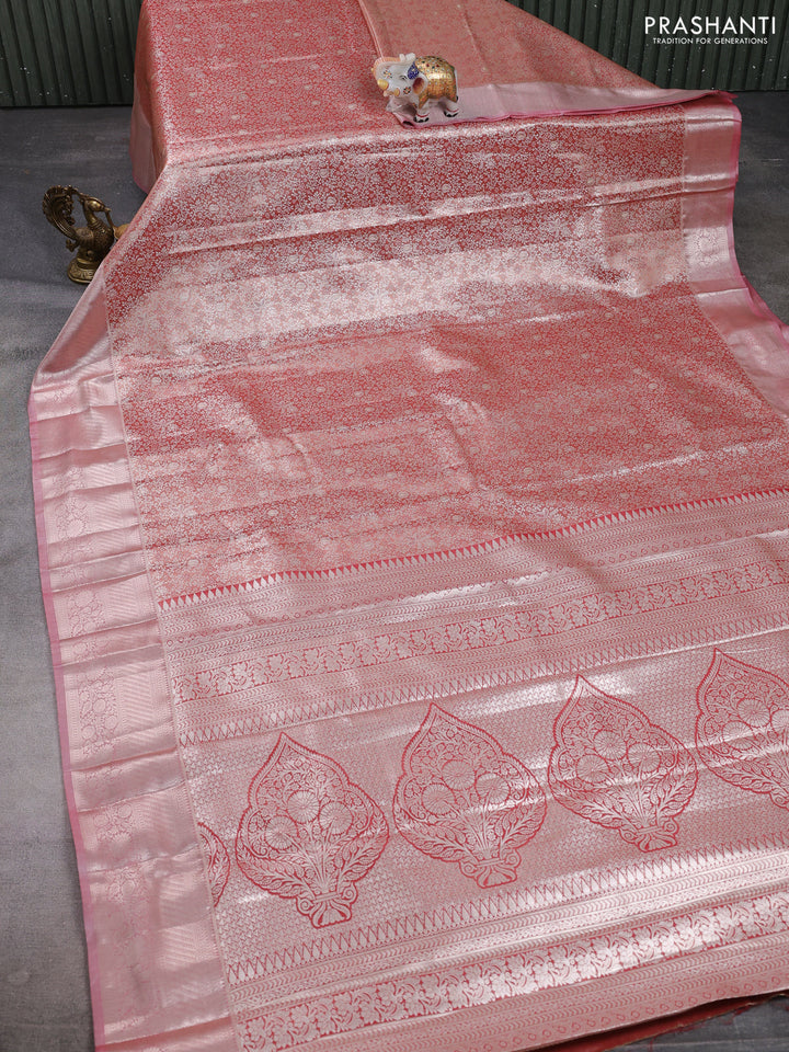 Bangalori tissue silk saree red with allover zari woven brocade weaves and zari woven border