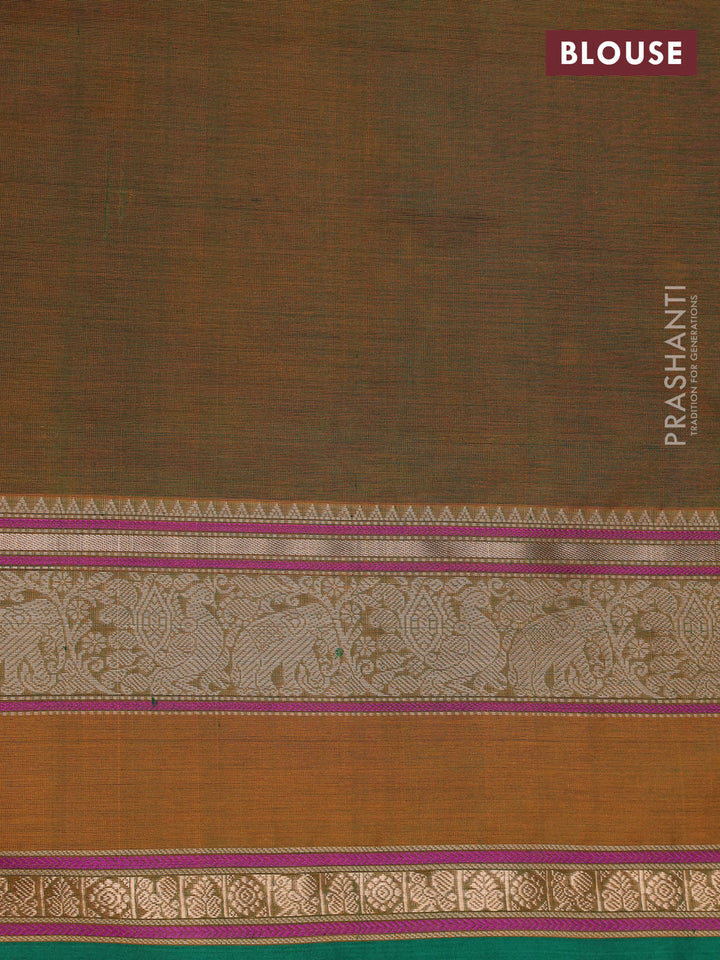 Kanchipuram silk cotton saree mustard green and green with thread woven buttas and rettapet thread & zari woven border