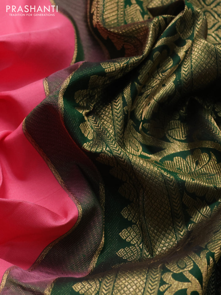 Pure kanchipuram silk saree light pink and bottle green with annam & rudhraksha zari woven buttas and rich zari woven peacock border