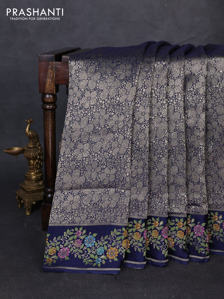 Banarasi silk saree navy blue with allover brocade weaves and mina border