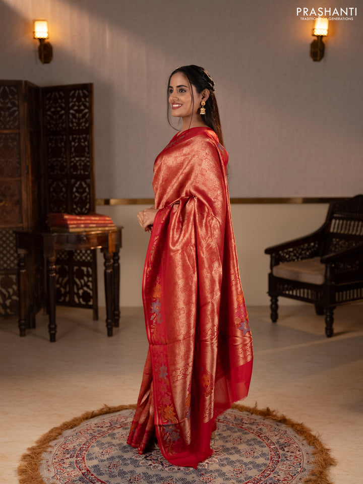 Banarasi silk saree red with allover brocade weaves and mina border