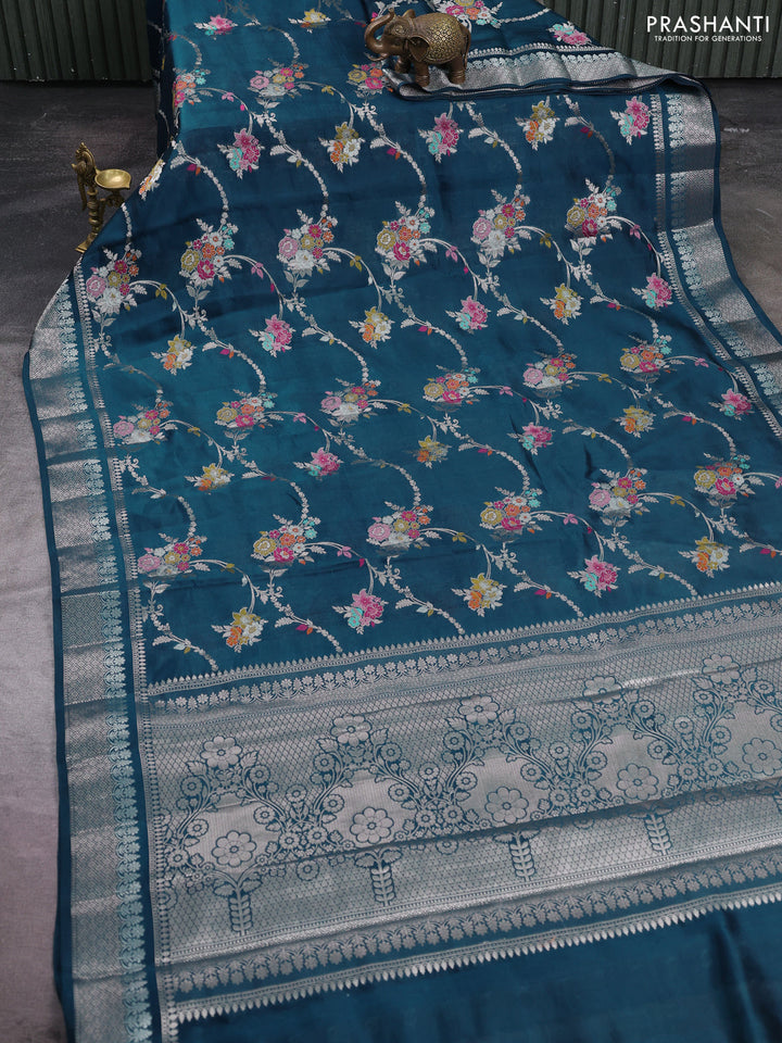 Poona silk saree peacock green with allover thread & zari weaves and zari woven border