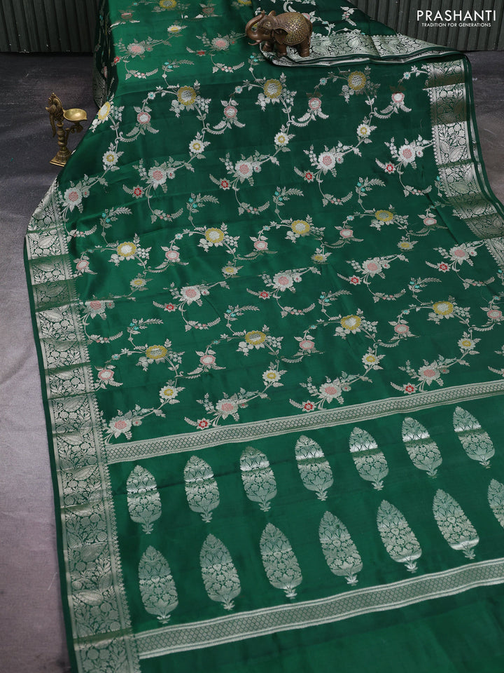 Poona silk saree green with allover thread & zari weaves and zari woven simple border