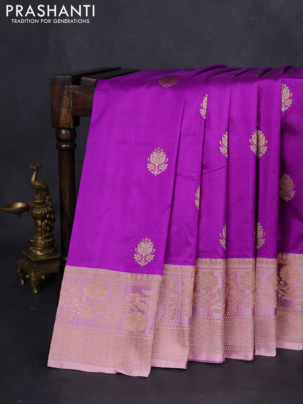 Banarasi katan silk saree purple and pastel pink with zari woven buttas and floral zari woven border