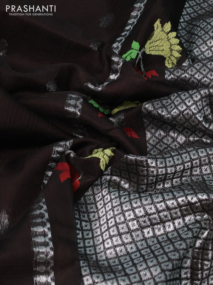 Pure zari kota silk saree deep coffee brown and rust shade with silver zari woven buttas and silver zari woven border