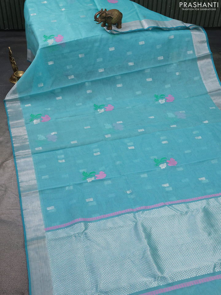 Pure zari kota silk saree light blue with silver zari woven buttas and silver zari woven border