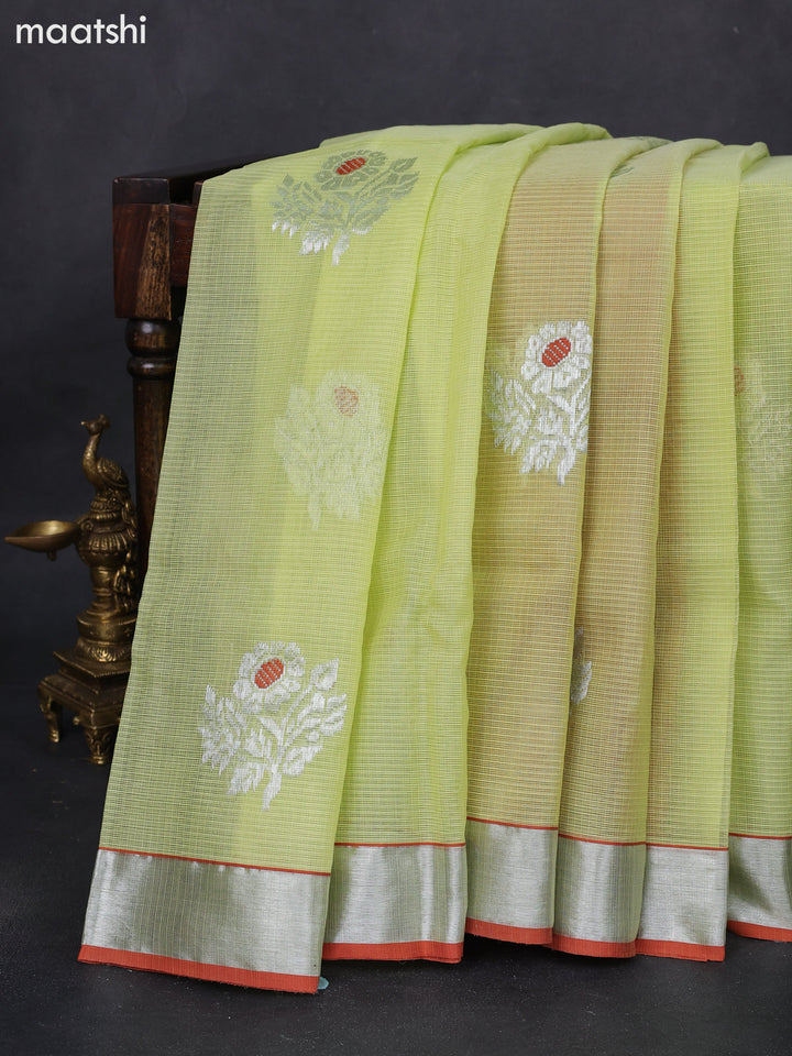 Pure zari kota silk saree lime yellow and rust shade with thread & silver zari woven buttas and silver zari woven border