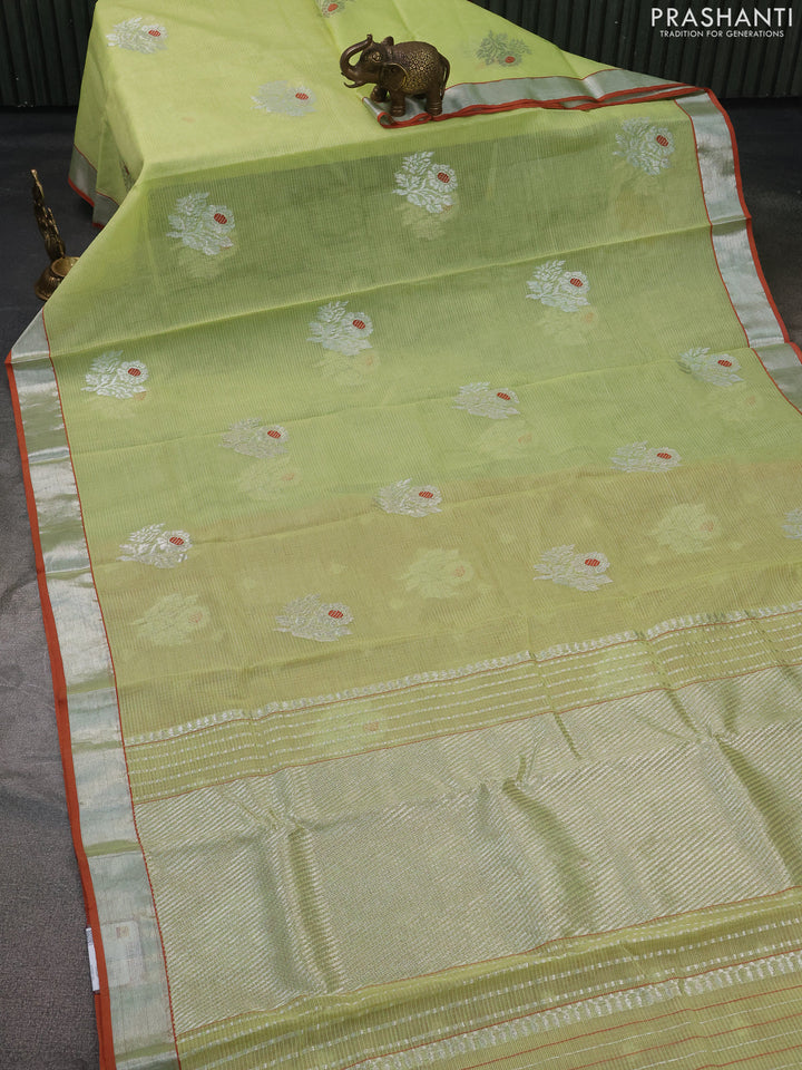 Pure zari kota silk saree lime yellow and rust shade with thread & silver zari woven buttas and silver zari woven border