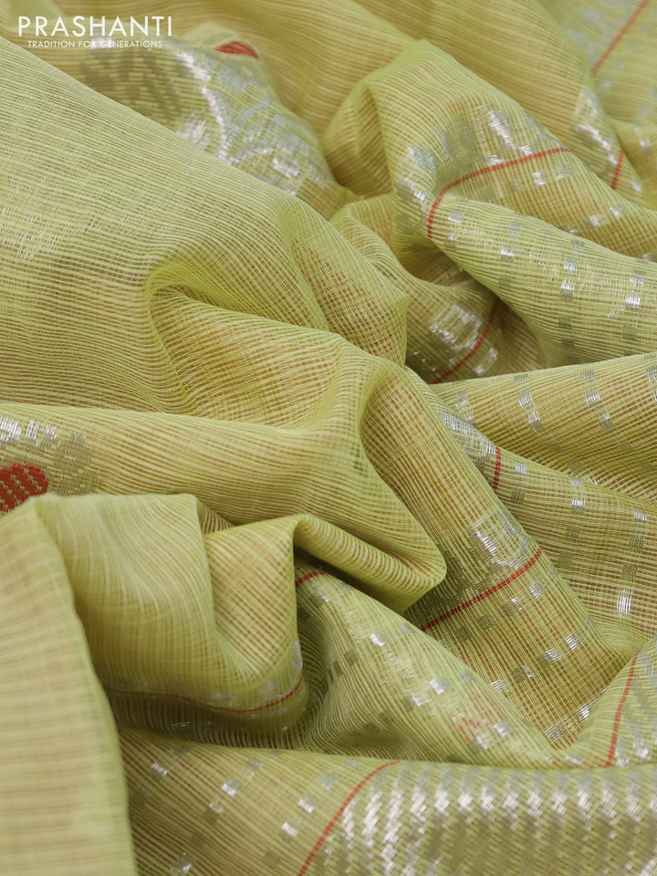 Pure zari kota silk saree lime yellow and rust shade with thread & silver zari woven buttas and silver zari woven border