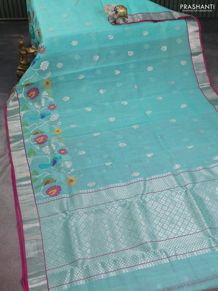 Pure zari kota silk saree teal shade and pink with silver zari woven buttas and silver zari woven border