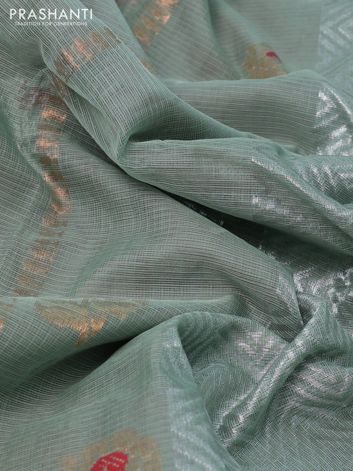 Pure zari kota silk saree pastel green and maroon with thread & silver zari woven buttas and rettapet silver zari woven border