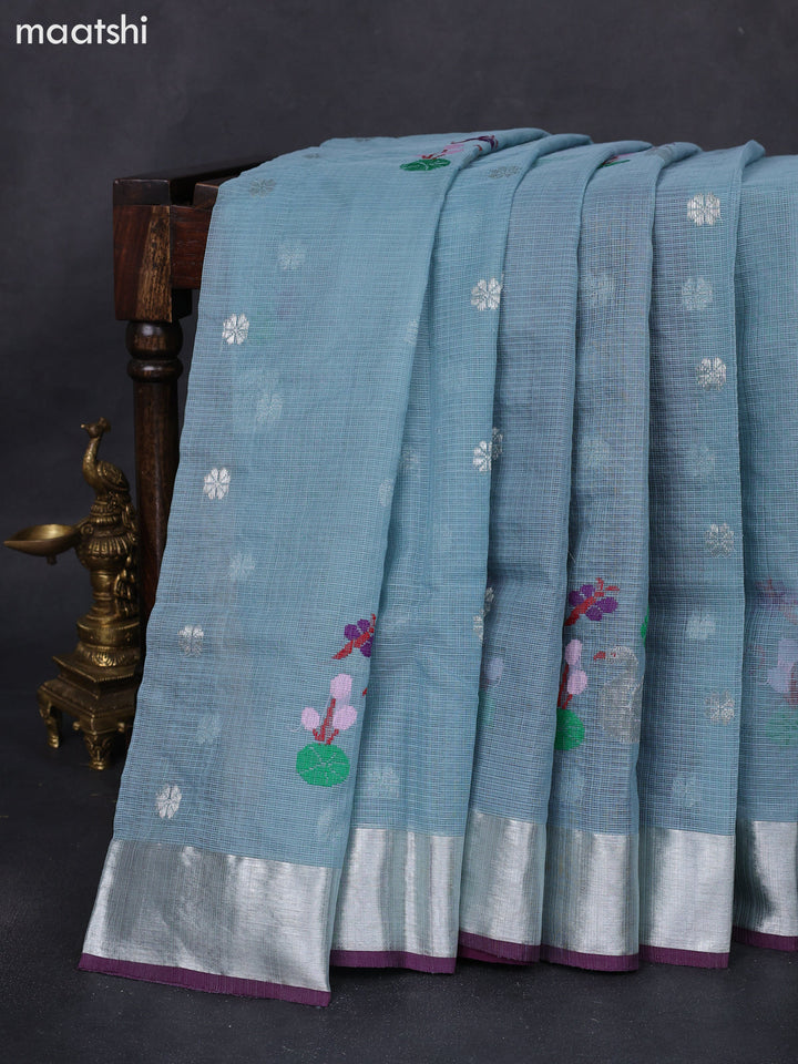 Pure zari kota silk saree grey and purple with silver zari woven buttas and silver zari woven border