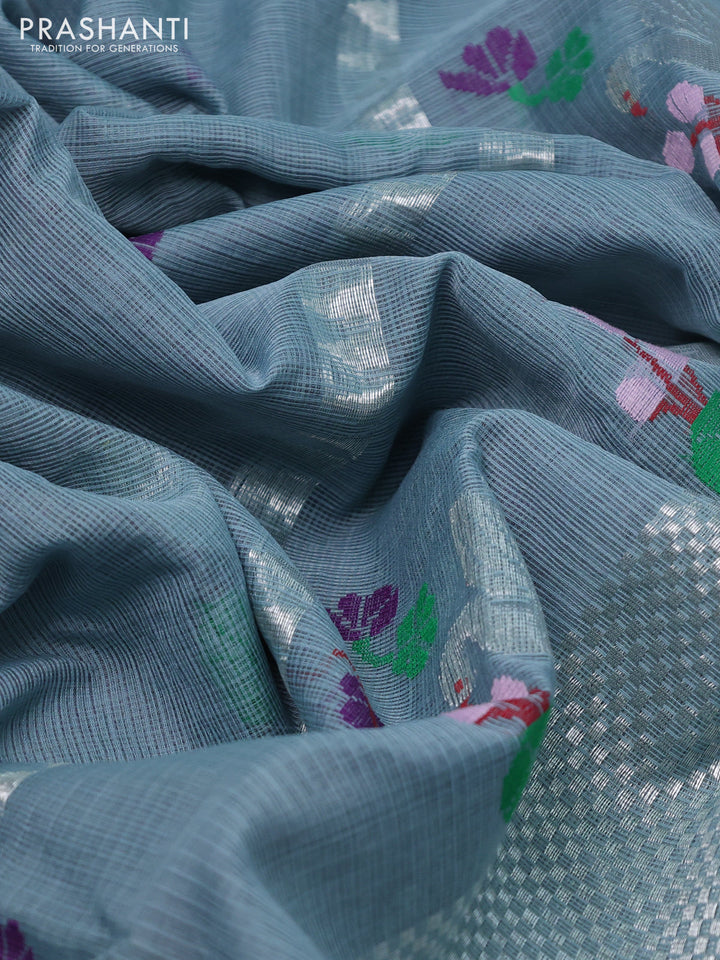 Pure zari kota silk saree grey and purple with silver zari woven buttas and silver zari woven border