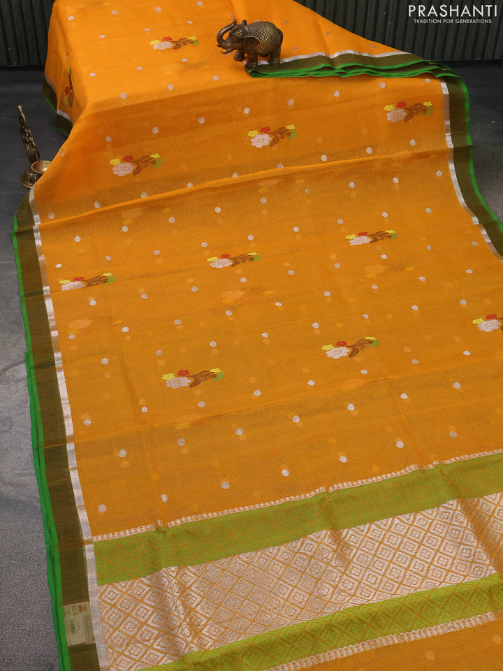 Pure zari kota silk saree mustard yellow and green with silver zari woven buttas and silver zari woven simple border