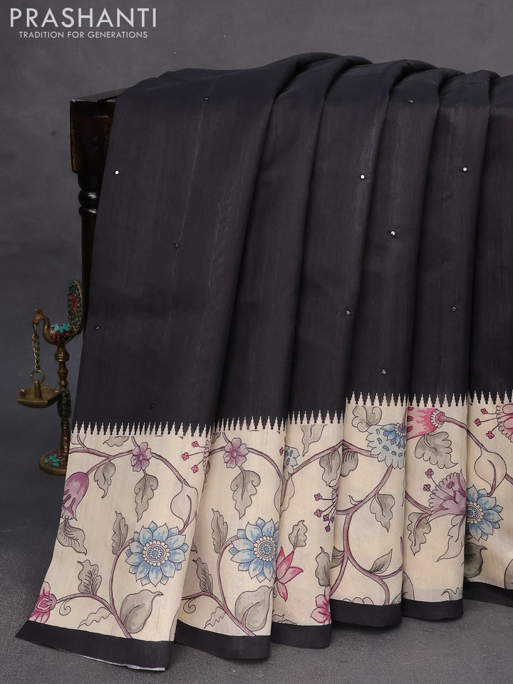Semi tussar saree black and cream with allover mirror work and kalamkari printed border