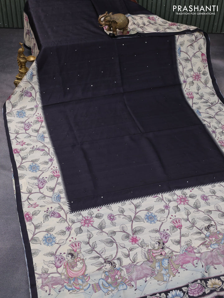 Semi tussar saree black and cream with allover mirror work and kalamkari printed border