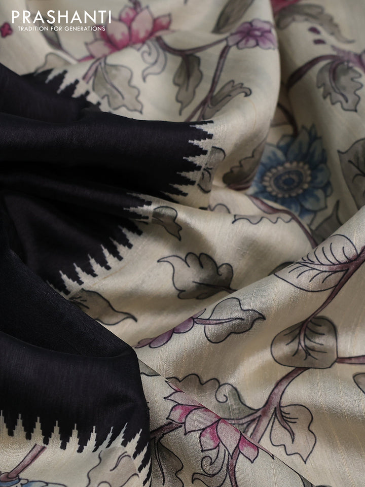 Semi tussar saree black and cream with allover mirror work and kalamkari printed border