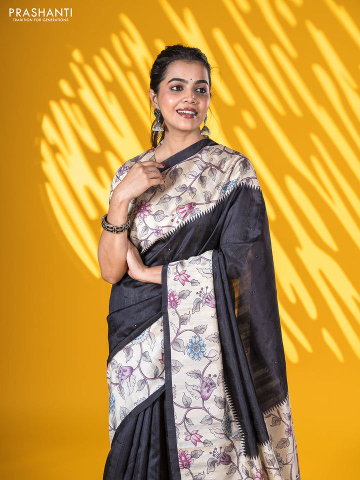 Semi tussar saree black and cream with allover mirror work and kalamkari printed border