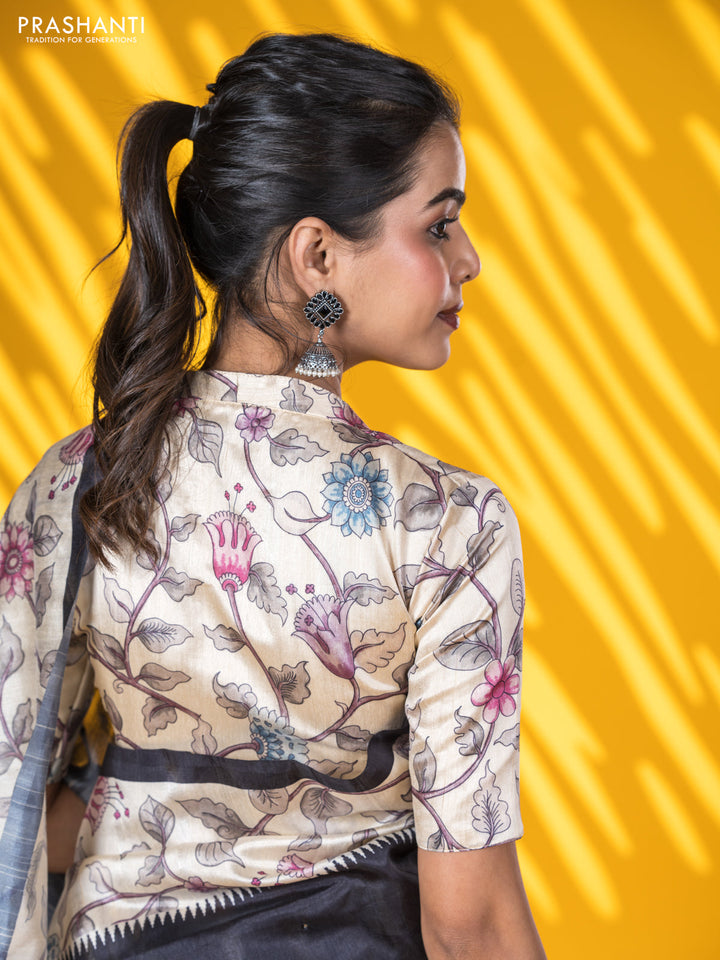 Semi tussar saree black and cream with allover mirror work and kalamkari printed border
