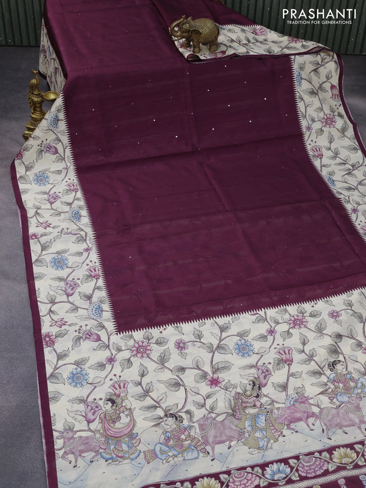 Semi tussar saree wine shade and cream with allover mirror work and kalamkari printed border
