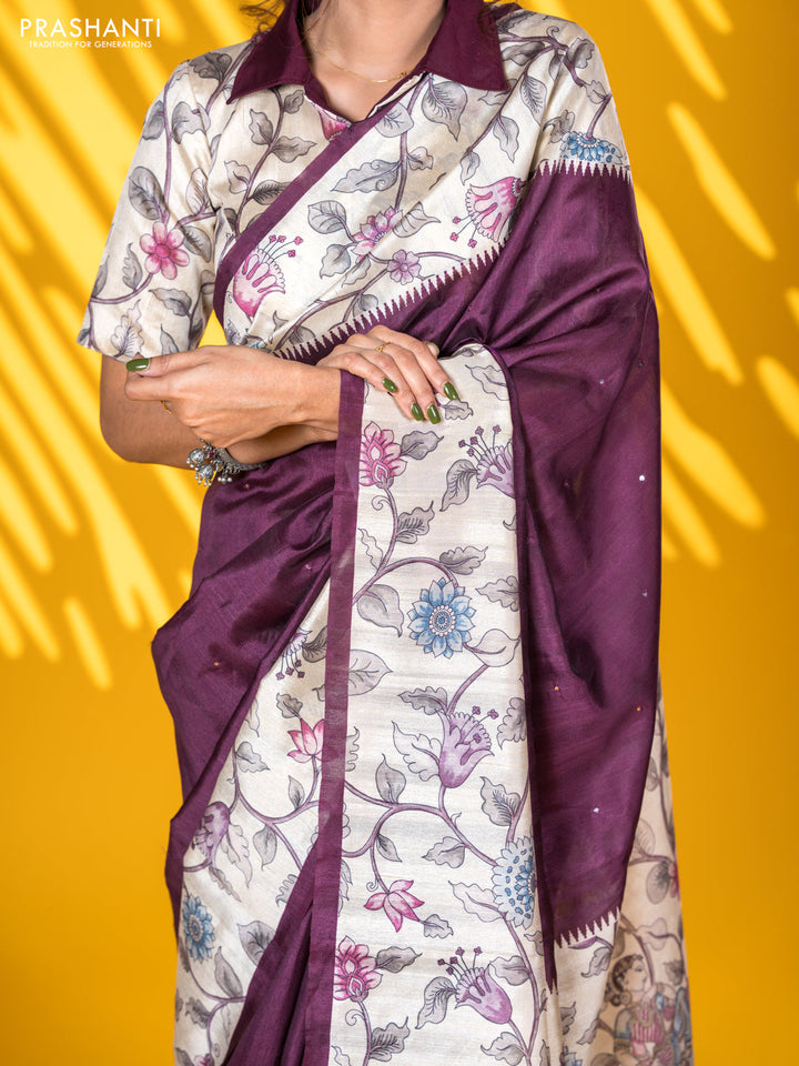 Semi tussar saree wine shade and cream with allover mirror work and kalamkari printed border