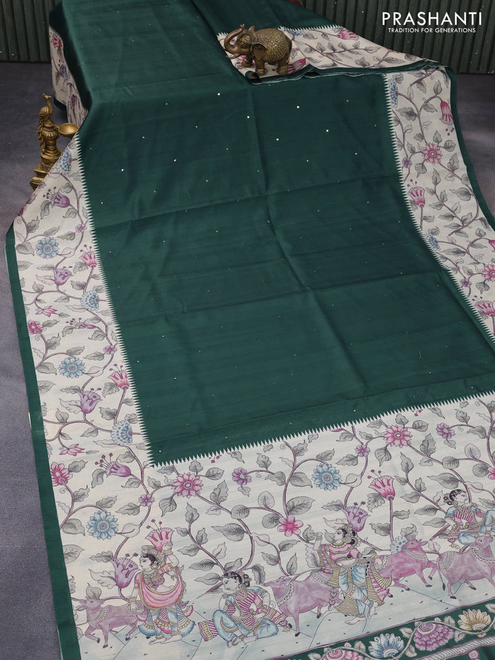 Semi tussar saree dark green and cream with allover mirror work and kalamkari printed border
