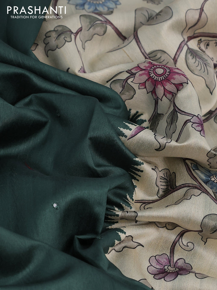 Semi tussar saree dark green and cream with allover mirror work and kalamkari printed border