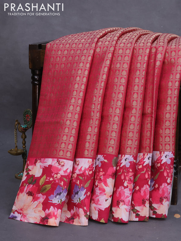 Banarasi silk saree magenta pink with allover zari woven brocade weaves and floral digital printed border