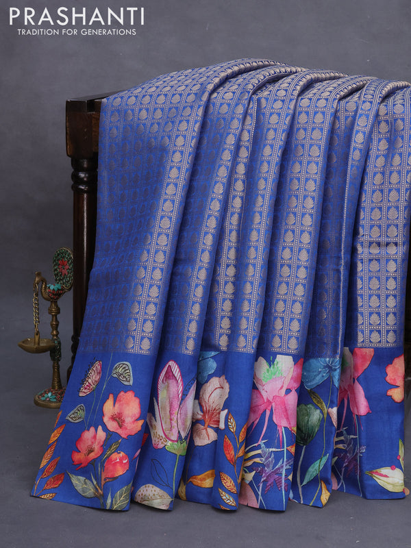 Banarasi silk saree blue with allover zari woven brocade weaves and floral digital printed border