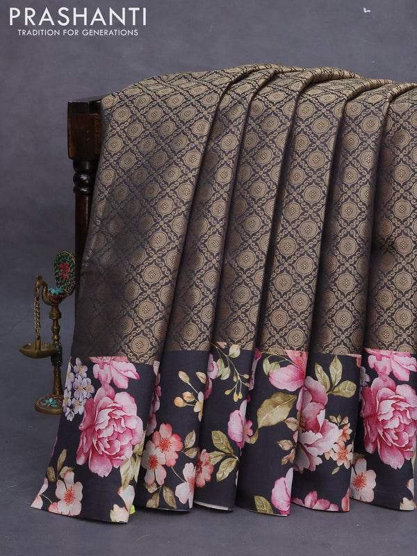 Banarasi silk saree black with allover zari woven brocade weaves and floral digital printed border