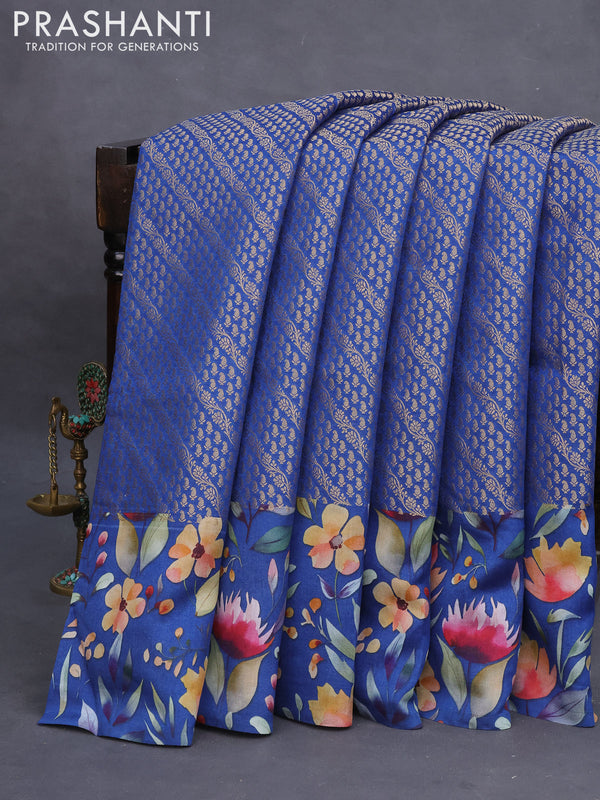 Banarasi silk saree blue with allover zari woven brocade weaves and floral digital printed border