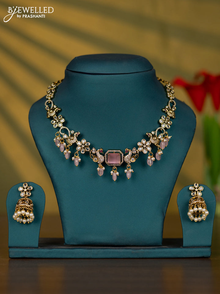 Necklace peacock design with baby pink & kundan cz stones and beads hangings in victorian finish