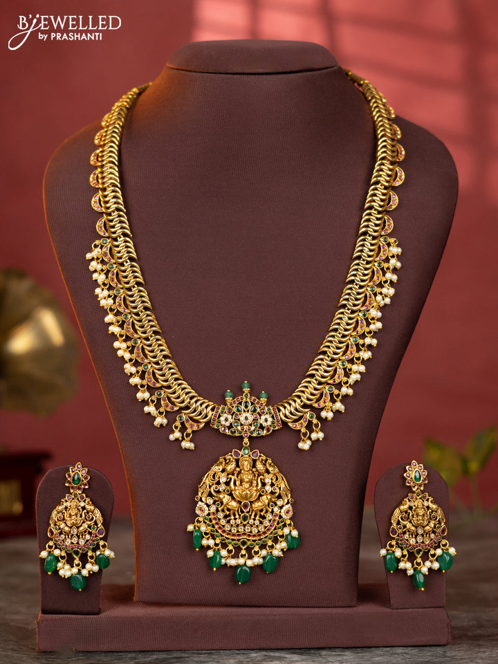 Antique jelabi haaram lakshmi design with kemp and white stones & green beads hanging