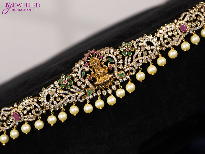 Antique hip chain lakshmi design with kemp & cz stones and pearl hangings