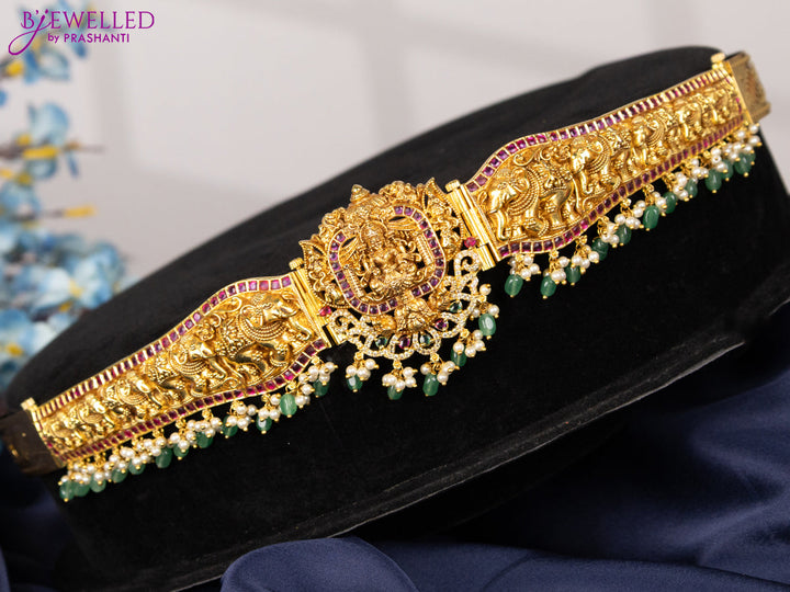 Antique self embossed hip belt lakshmi design with kemp & cz stones and pearl & mint green beads hangings