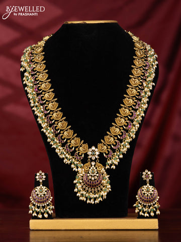 Antique guttapusalu haaram peacock and chandbali design in multicolor kemp stones and rice pearl hangings