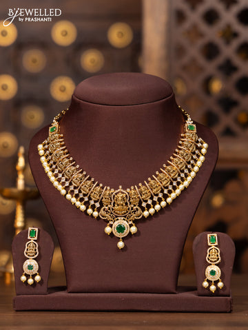 Antique necklace lakshmi deisgn in white and green stone and pearl hanging