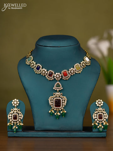 Necklace with multicolour & cz stones and pearl & green beads hangings in victorian finish