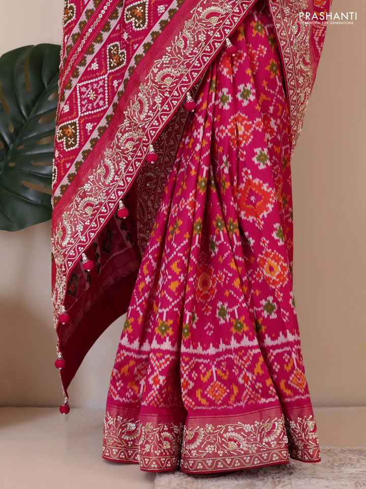 Pink Pochampally silk saree with allover ikat weaves and Embroidered border