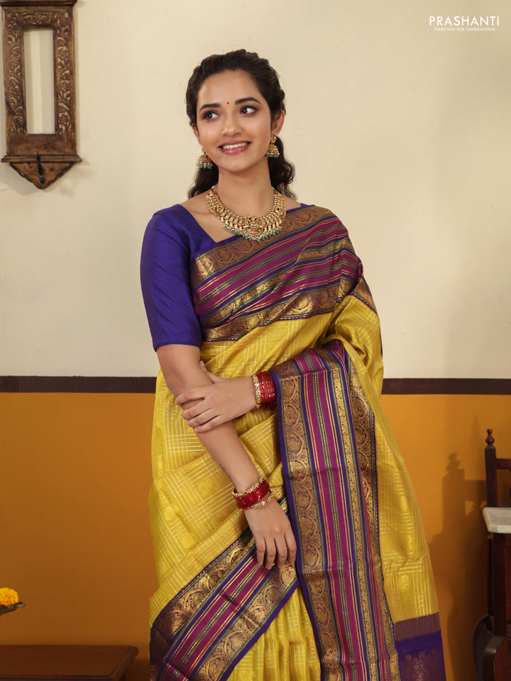 Yellow-blue Pure kanchipuram silk saree With zari checked pattern & long zari woven border