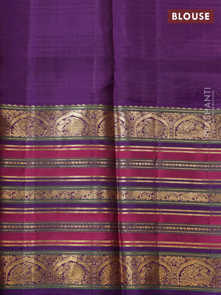 Yellow-blue Pure kanchipuram silk saree With zari checked pattern & long zari woven border