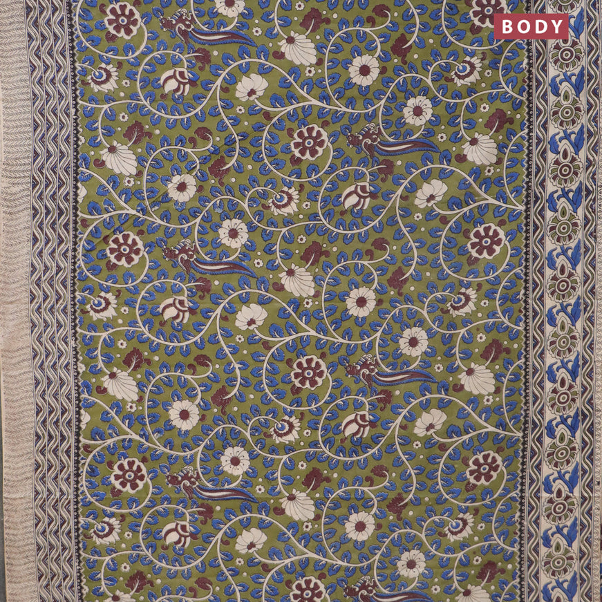 Kalamkari cotton saree mehendi green and beige blue with allover prints and printed border