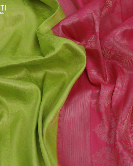 Banarasi softy silk saree fluorescent green and pink with allover zari weaves and zari woven border