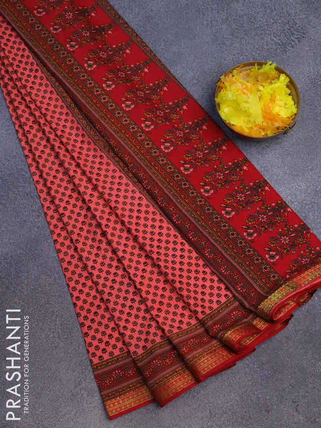 Semi crepe saree peach pink and red with allover floral prints and zari woven border