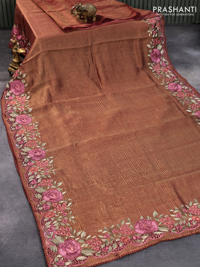 Pure organza silk saree brown shade with plain body and floral embroidery cut work border