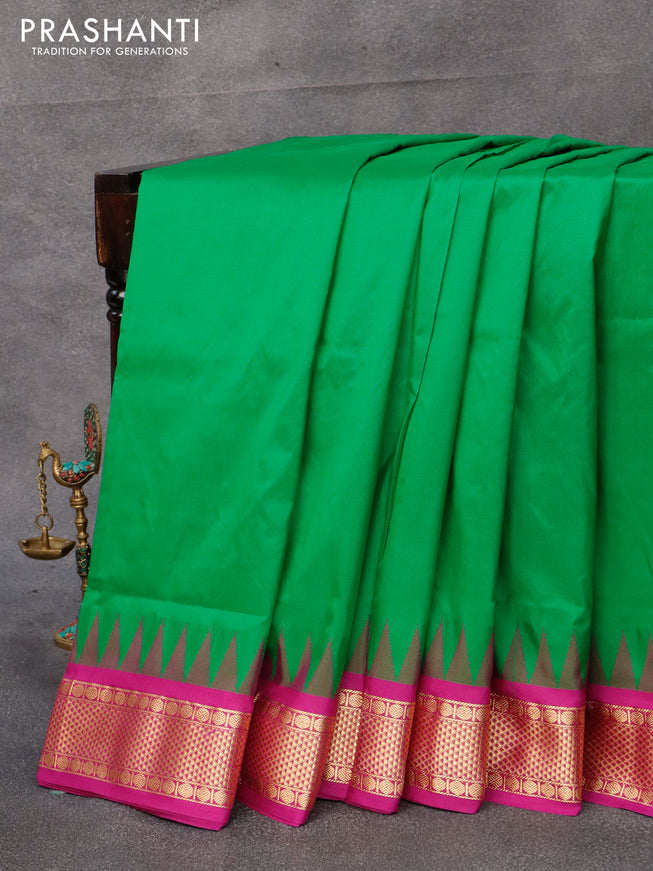 10 yards silk saree green and purple with plain body and temple design zari woven border without blouse