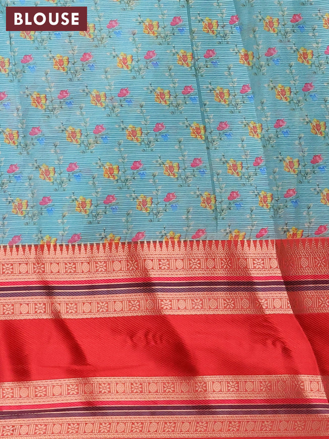Banarasi kota saree teal blue and red with floral digital prints and rettapet zari woven border