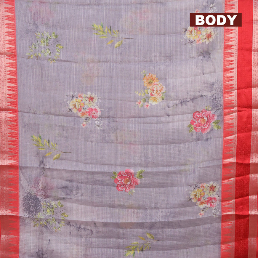 Banarasi kota saree grey and red with floral digital prints and temple design rettapet zari woven border