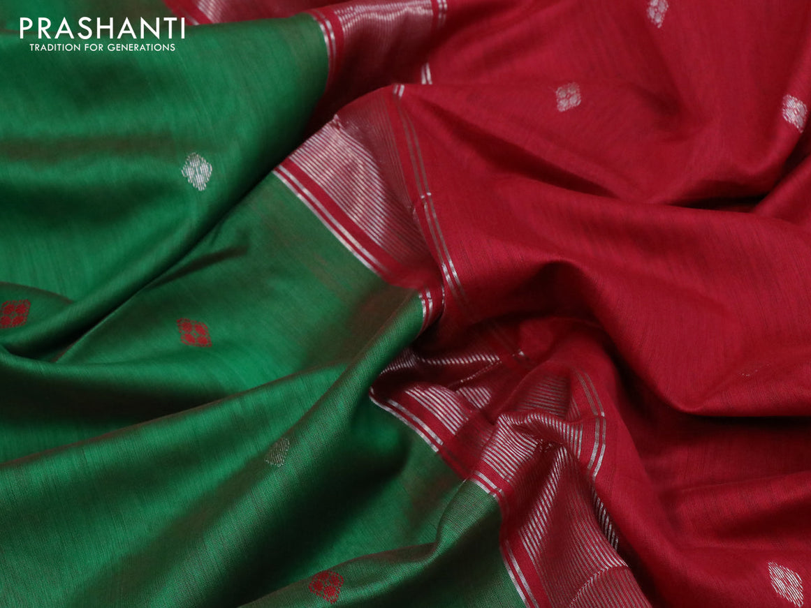 Maheshwari silk cotton saree green and maroon with silver zari woven buttas and thread & zari woven border