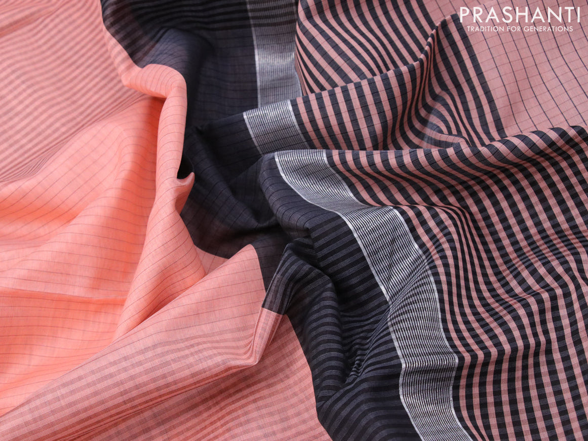 Maheshwari silk cotton saree peach and black with allover stripes pattern and thread & silver zari woven border